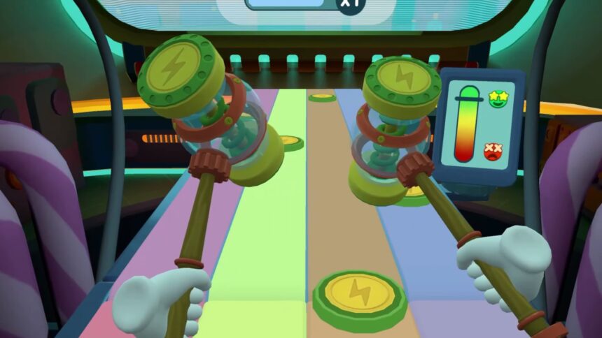 Le but du mini-jeu de rythme est de frapper des blocs circulaires avec deux marteaux.