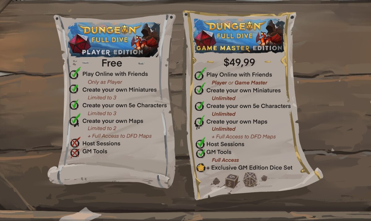 Les similitudes et les différences entre les éditions DFD Player et Game Master sur deux rouleaux de parchemin épinglés sur un mur.