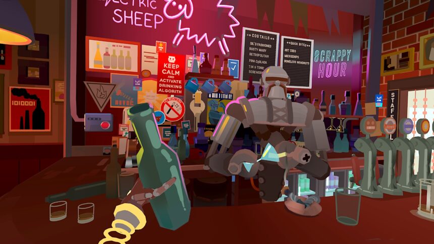 Le joueur tient une bouteille de bière à la main, en face de lui un robot barman derrière un bar.