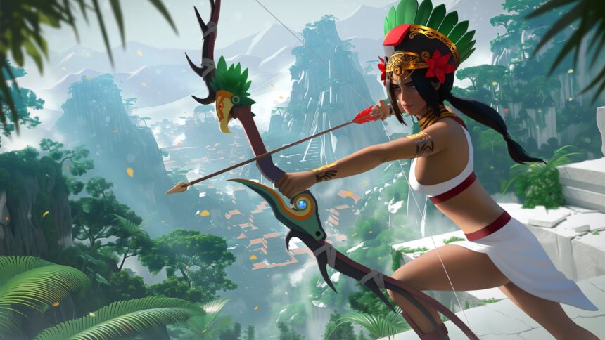 L'héroïne avec un arc long devant un paysage de jungle et de temples.