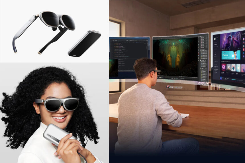 Trois images montrent l'interface multi-écran et les produits inclus avec AR Lite de Rokid.