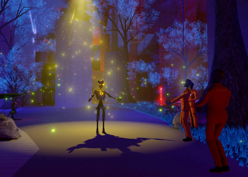 Android dans un parc sous les projecteurs de lucioles.