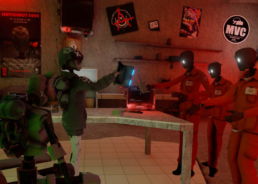 Des androïdes dans un espace de travail encombré.