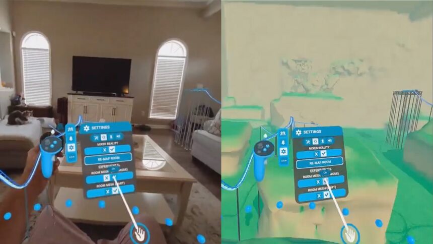 L'image pass-through d'un appartement à gauche et la version VR à droite.