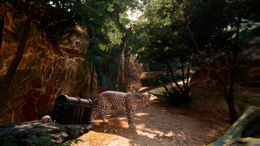 Un léopard se tient dans la jungle à côté d’un vieux coffre au trésor.