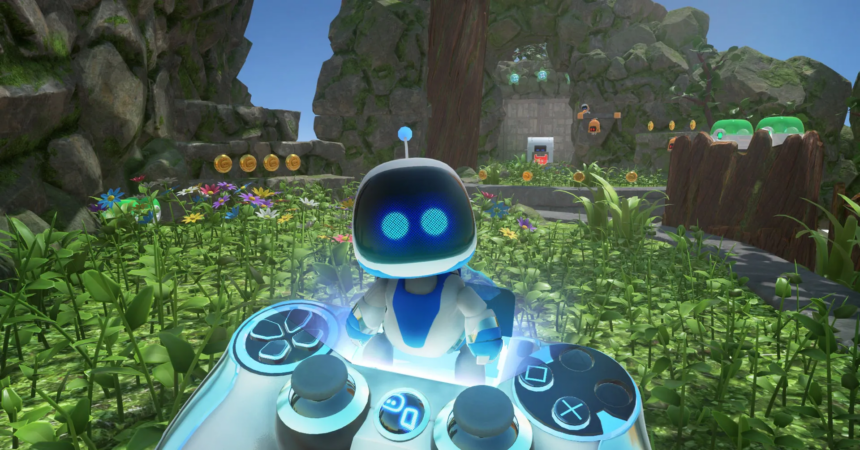 Astro Bot émerge du contrôleur PlayStation.