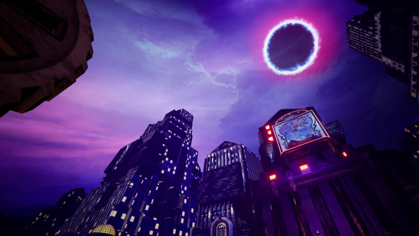 Une ville dystopique brille dans une lumière violette.