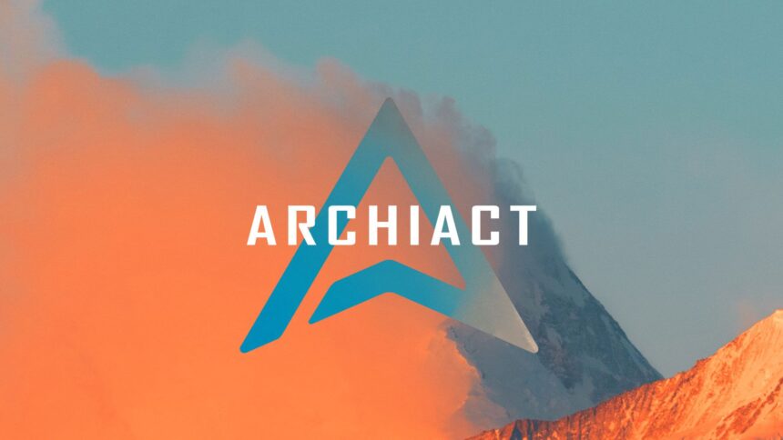 Le logo de la société Archiact avec une forme de A stylisée triangulaire bleu sur une toile de montage orange et turale avec Sunset Sky.
