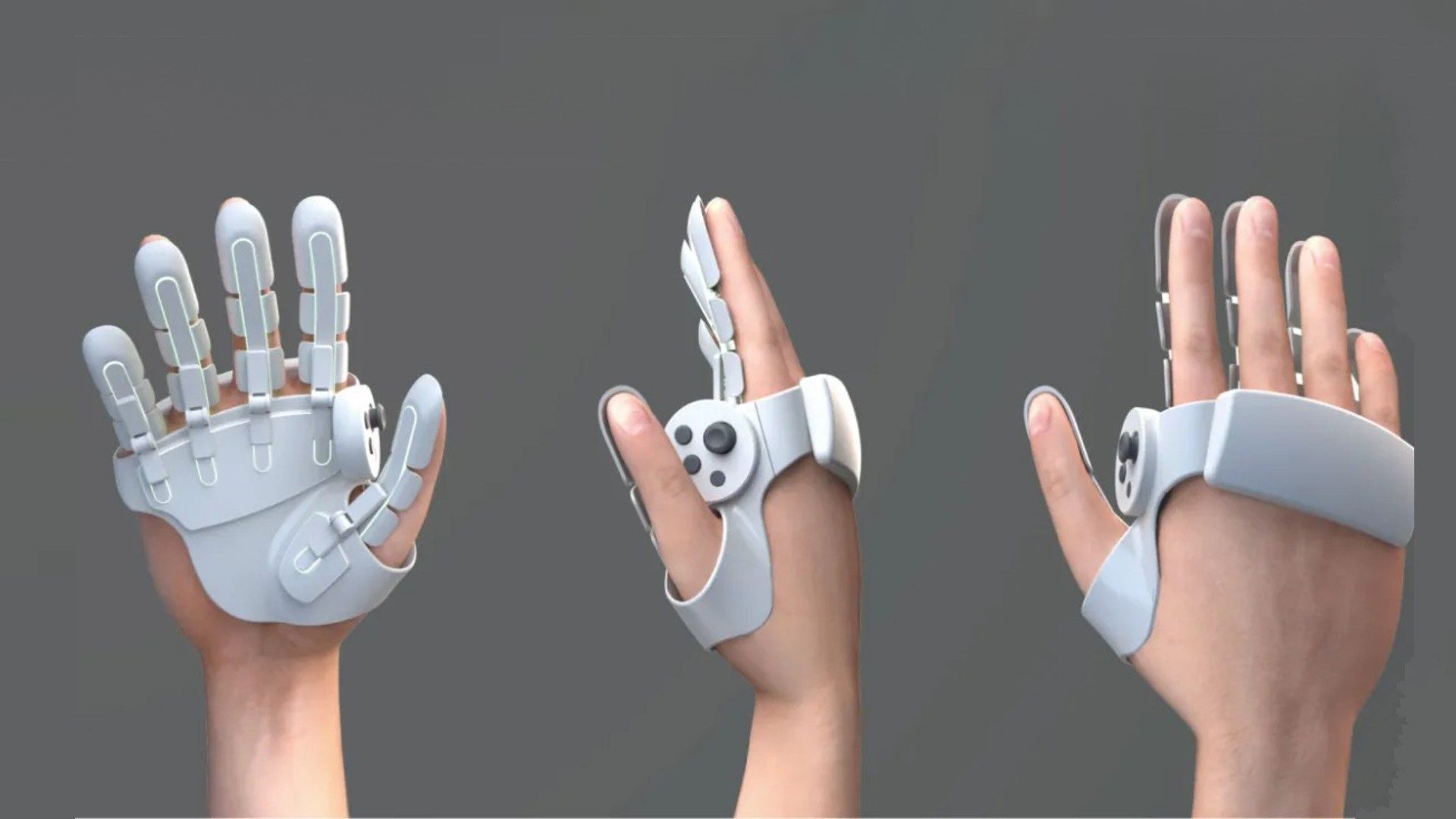 Contrôleur VR prototype des dévans Sharp, combinant des gants haptiques et des boutons standard