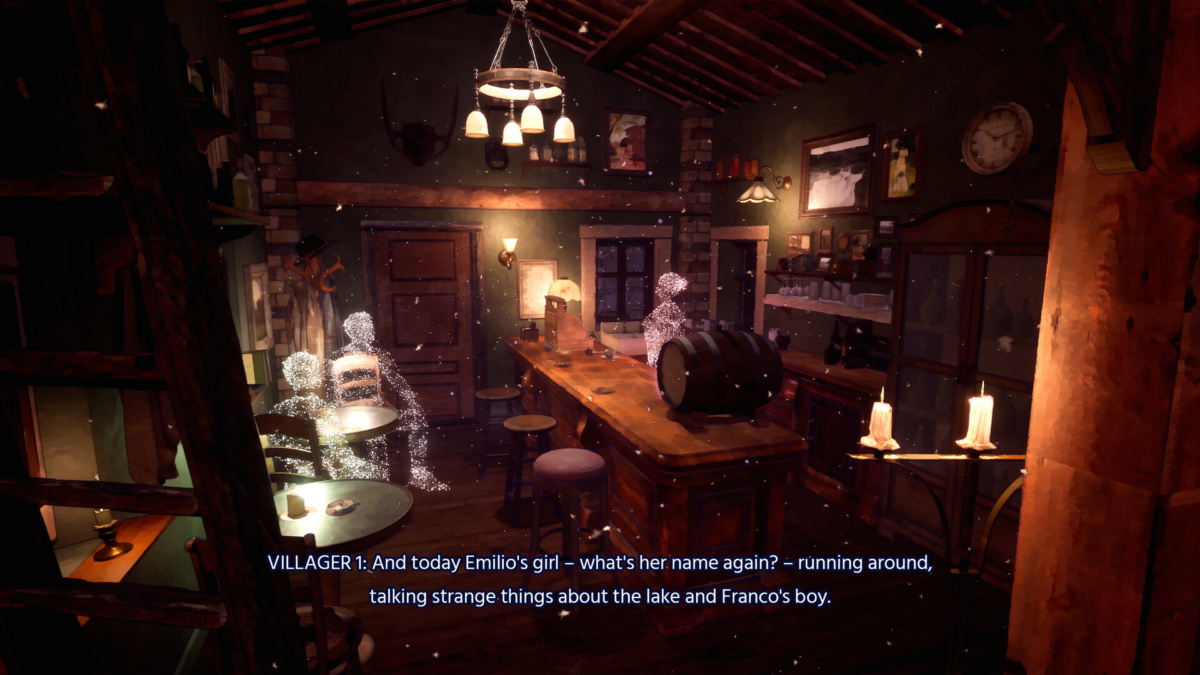 Un pub de village avant le déluge dans Echoes of Mora, avec deux villageois représentés comme des figures de lumière