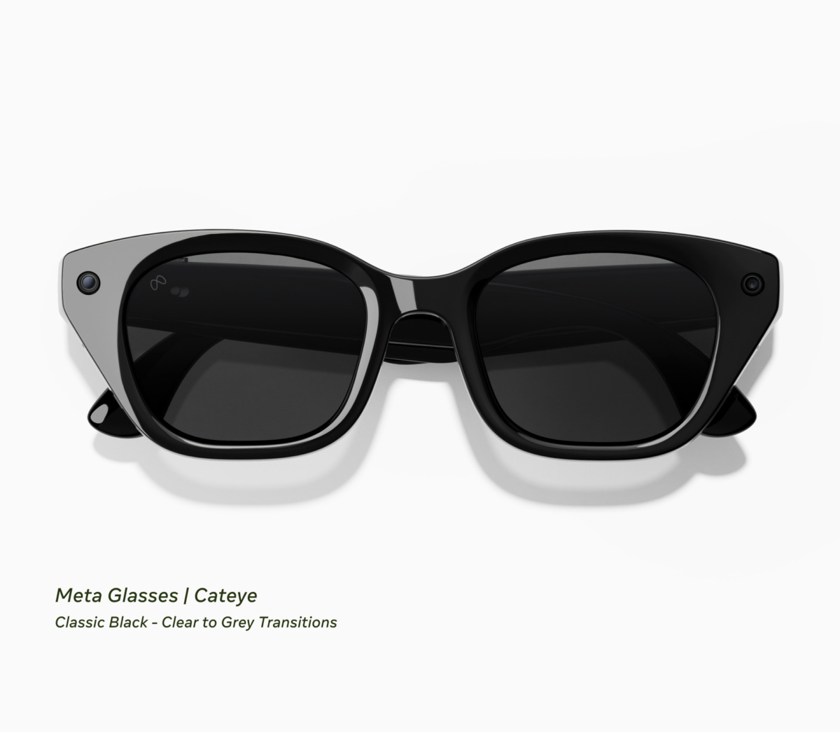 Lunettes méta œil-de-chat noires brillantes avec verres foncés et caméra à chaque coin extérieur