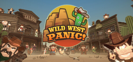 Illustration du magasin Wild West Panic montrant une ville occidentale de dessin animé avec un saloon