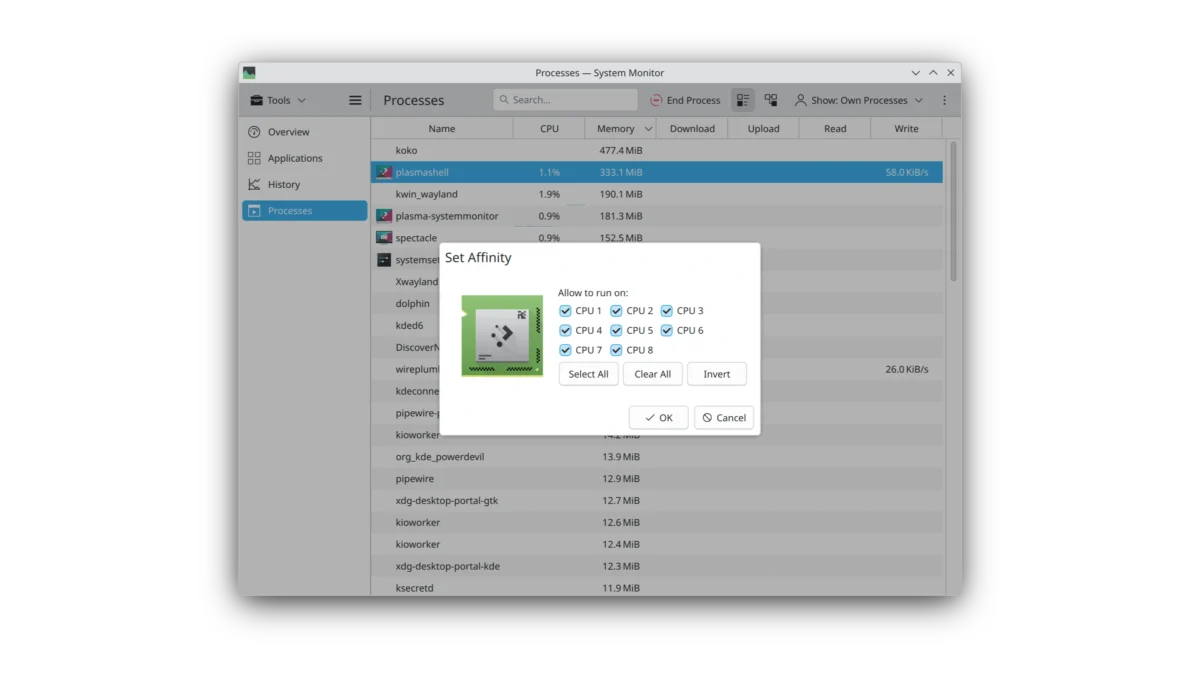 Le moniteur système de Plasma propose de modifier l'affinité CPU du processus plasmashell, dans la capture d'écran de KDE