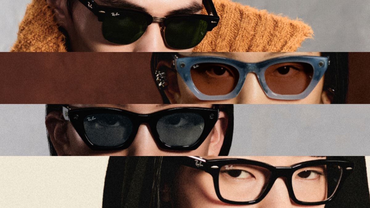 Quatre séries empilées de visages de personnes différentes, chacune portant des montures Ray-Ban : des verres de lunettes de soleil vert foncé sur une Clubmaster, un œil-de-chat bleu pâle avec des verres teintés marron, une paire noire brillante avec des verres foncés et une paire rectangulaire noire avec des verres correcteurs clairs