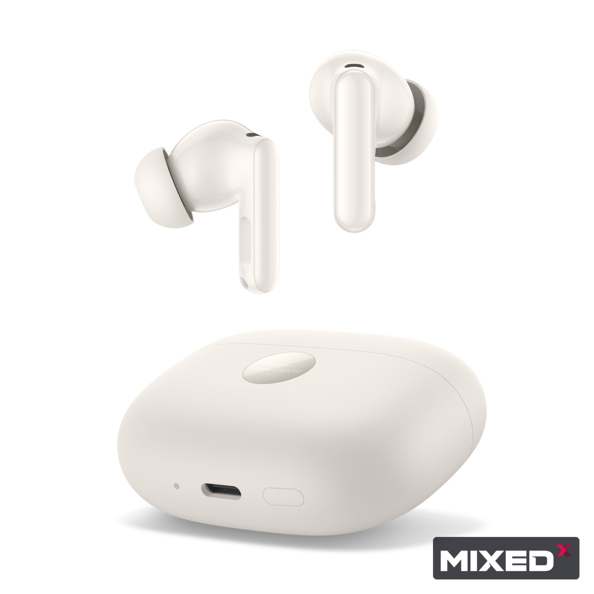 Écouteurs Seashell au-dessus d'un boîtier montrant son port USB-C et un bouton adjacent
