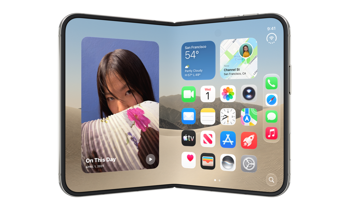 Un iPhone Duo ouvert affichant une photo et des icônes d’application.