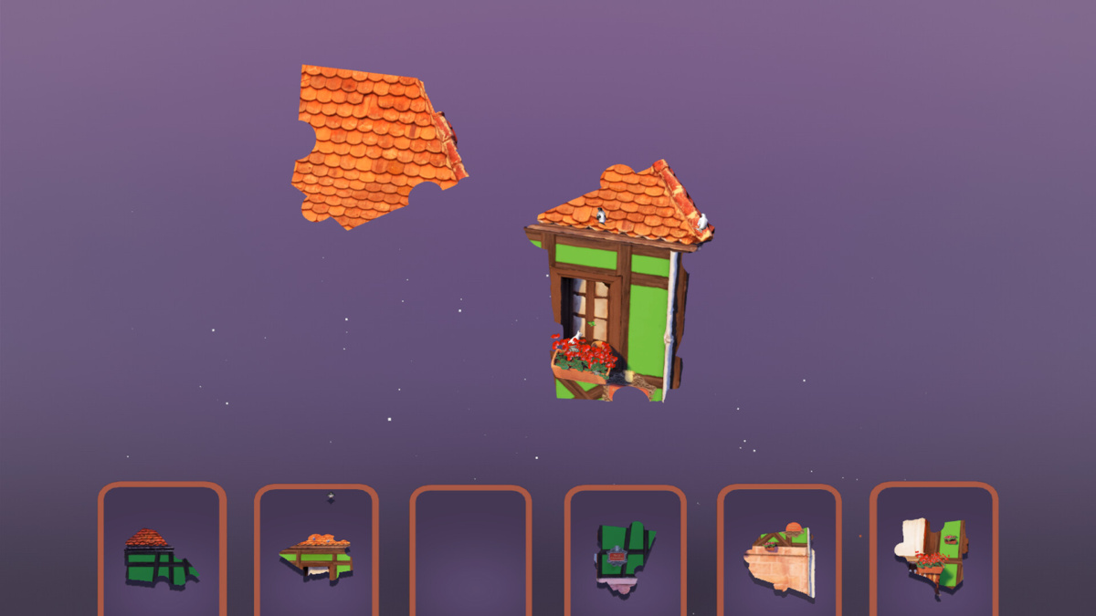 Un bâtiment partiellement assemblé avec des morceaux de toit détachés dans Puzzling Places