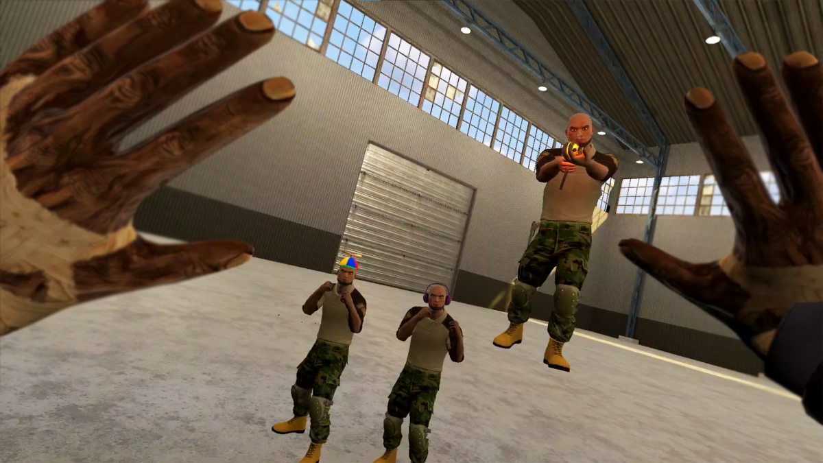 Deux mains virtuelles levées dans une arène de combat Hard Bullet