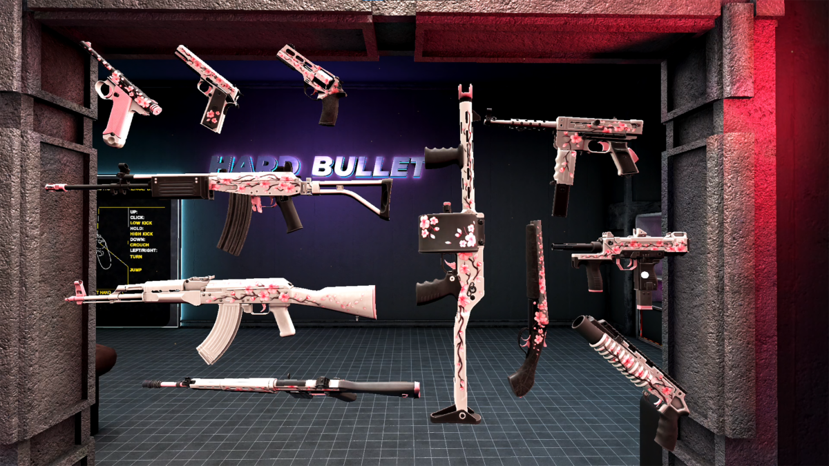 Pistolets roses à motif Sakura exposés sur un support dans Hard Bullet