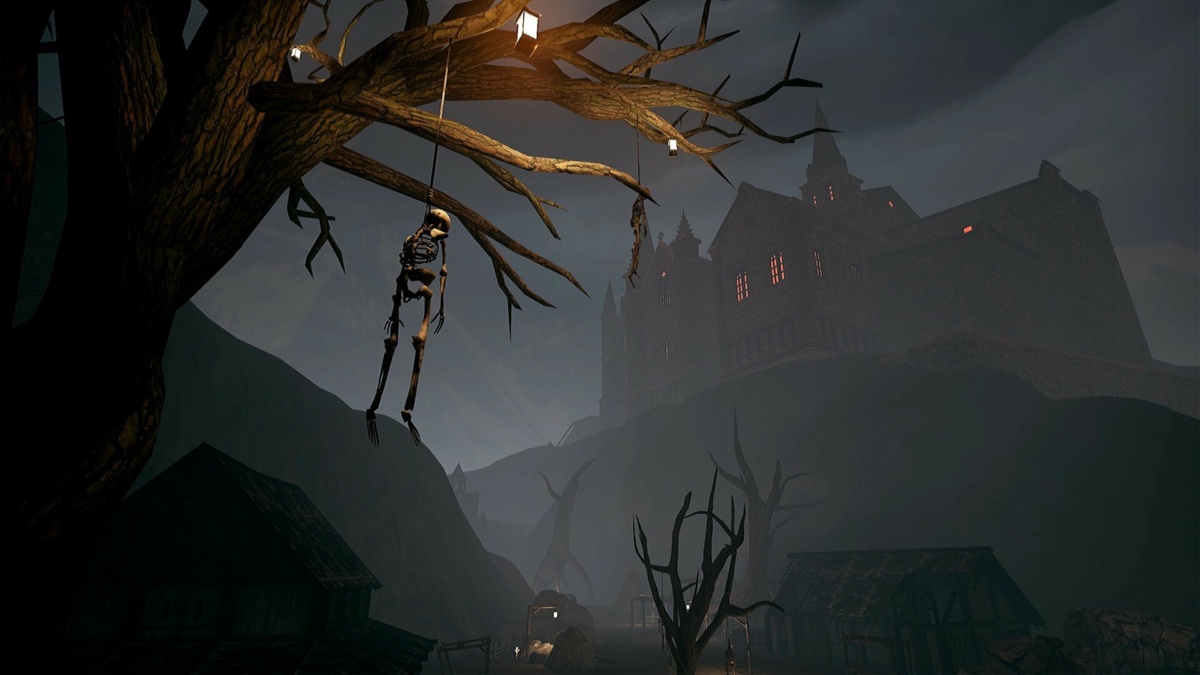 Un château sombre au-delà des branches nues dans Legendary Tales