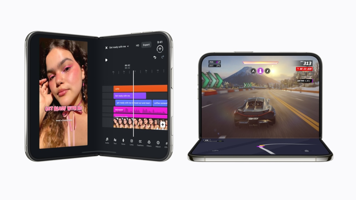 Deux appareils iPhone Duo : à gauche, l'iPhone Duo partiellement plié d'un utilisateur affiche l'application Edits d'Instagram, tandis qu'à droite, l'appareil iPhone Duo partiellement plié d'un utilisateur affiche le jeu Asphalt Legends.