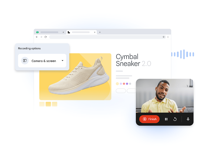 Interface d'enregistrement d'écran et de caméra vidéo comprenant un présentateur et une page Web de produit