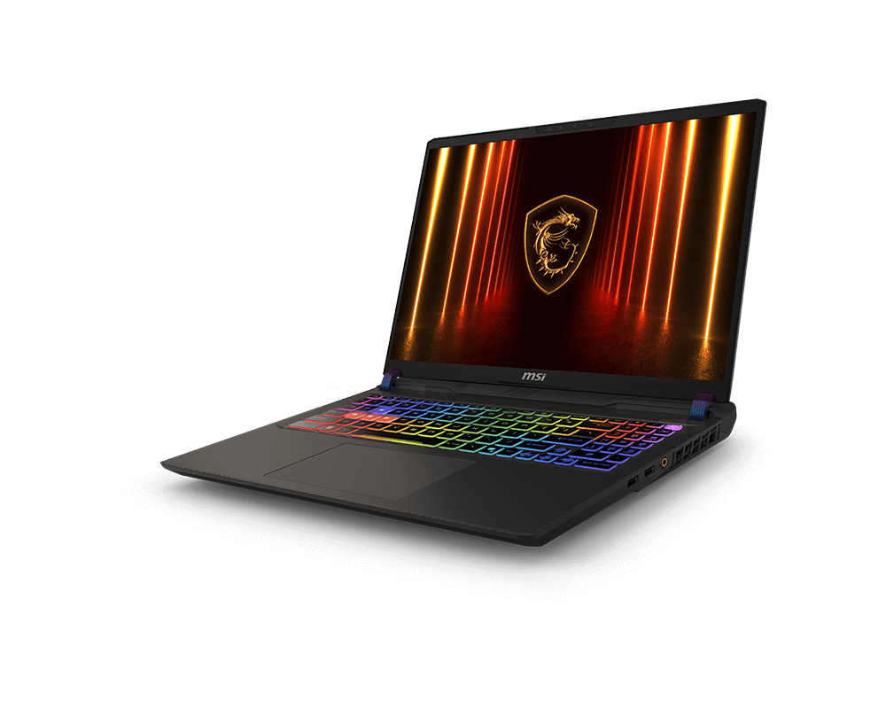 Vue avant inclinée de l'ordinateur portable MSI Vector 16 HX AI.