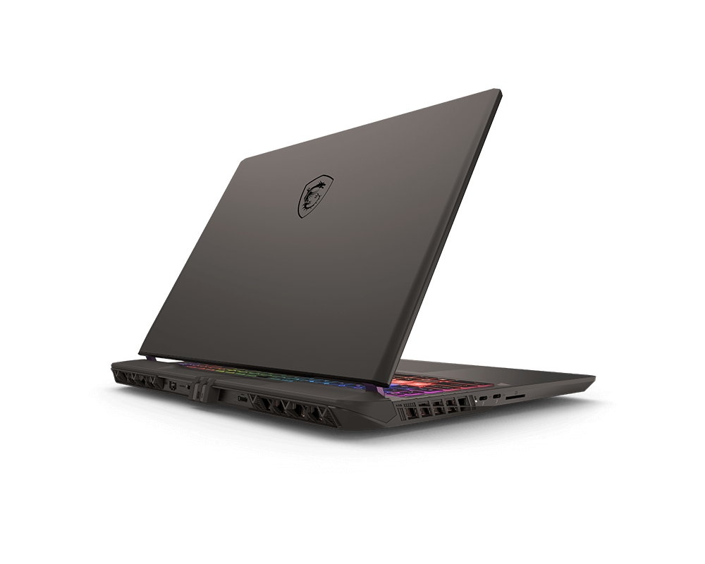 Vue inclinée arrière du couvercle et des ports du MSI Vector 16 HX AI.