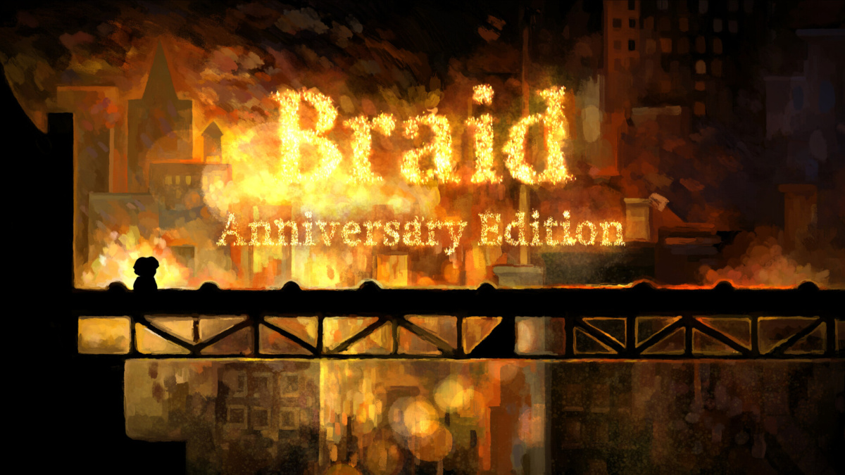 Le titre Braid Anniversary Edition apparaît en flammes au-dessus d’un pont