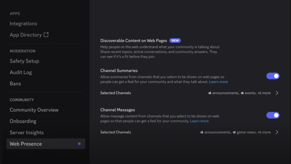 Paramètres de présence Web Discord affichant des commandes distinctes pour les résumés de chaîne et les messages de chaîne