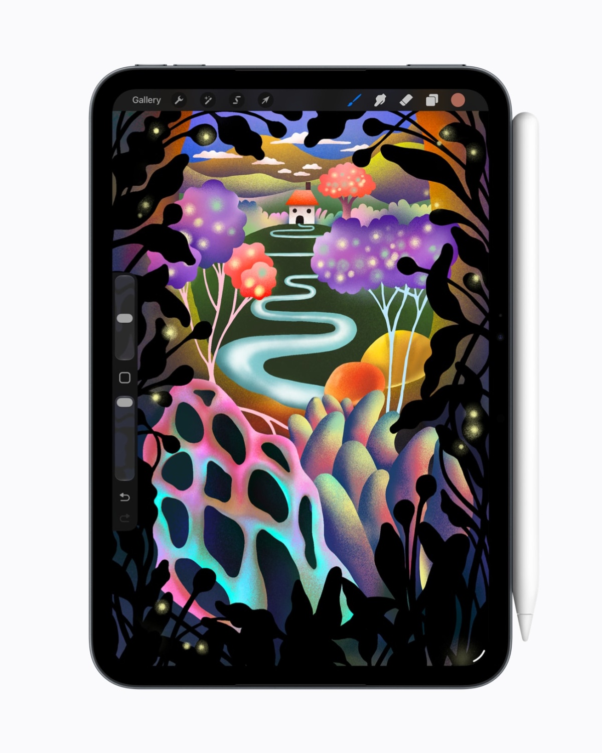 Le nouvel iPad mini affichant des illustrations dans Procreate avec Apple Pencil Pro attaché