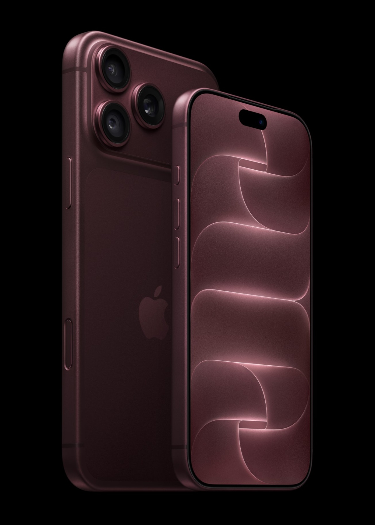 L’avant d’un iPhone 18 Pro bordeaux est affiché à côté d’un iPhone 18 Pro Max bordeaux orienté vers l’arrière.