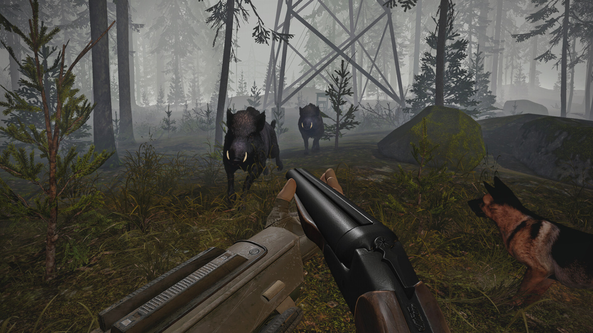 Une vue à la première personne d'une arme et de personnages dans une forêt dans CONVRGENCE