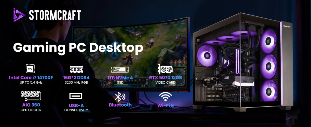 Graphique du produit STORMCRAFT montrant le bureau Falcon et les spécifications annoncées