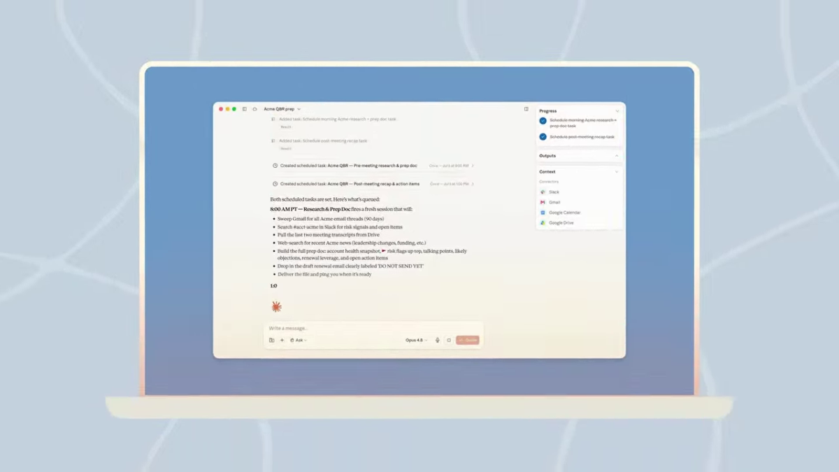 Ordinateur portable affichant une démonstration antérieure de Claude Cowork avec des tâches de recherche planifiées