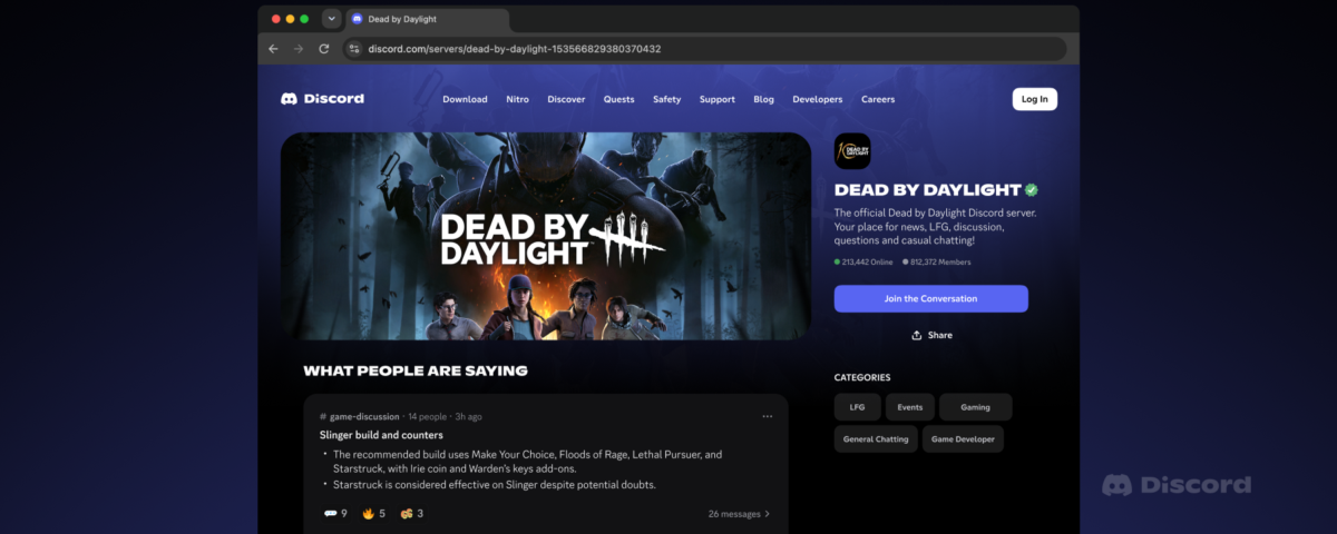 Exemple de page Web Discord pour le serveur Dead by Daylight avec un résumé de la conversation