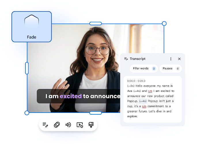 Espace de travail d'édition de vidéos comprenant un outil de transcription automatisé et une superposition de légendes