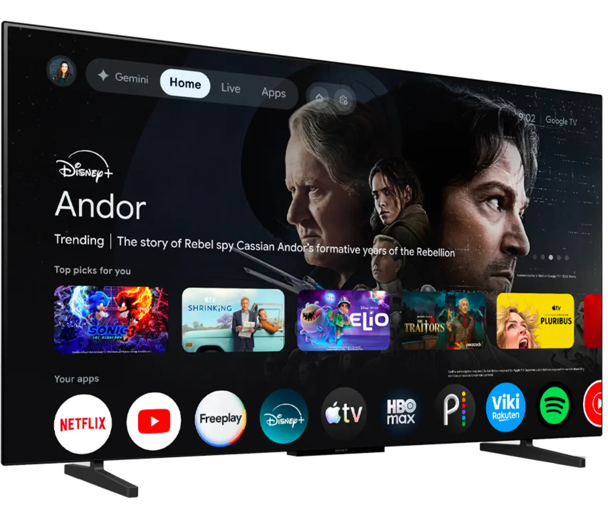 Sony K-48A60 présenté sous un angle avec l'écran d'accueil de Google TV.