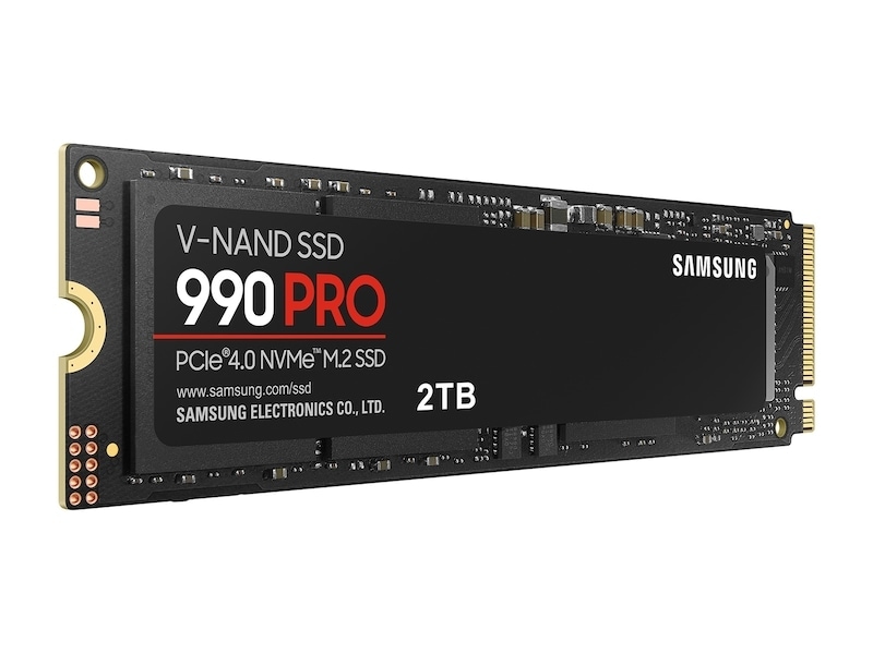 Vue inclinée du SSD NVMe Samsung 990 PRO 2 To nu.