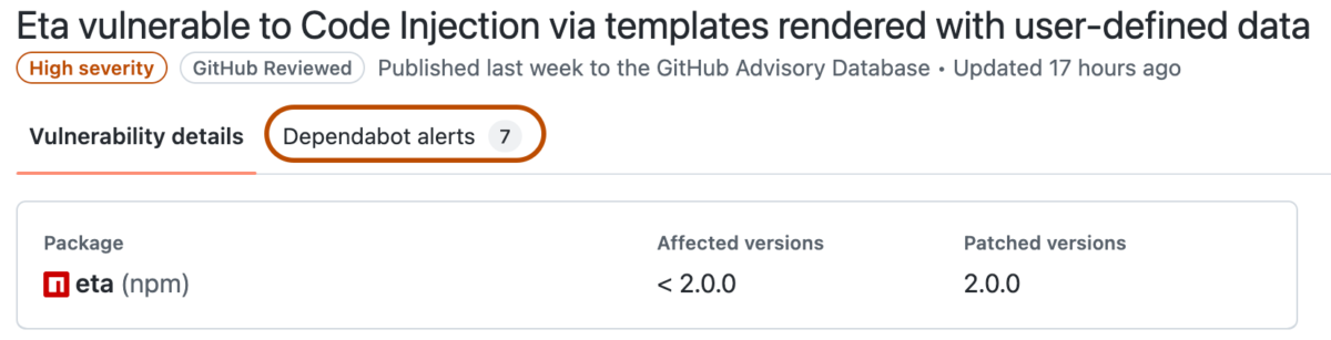 Avis de sécurité GitHub avec le bouton d'alertes Dependabot en surbrillance