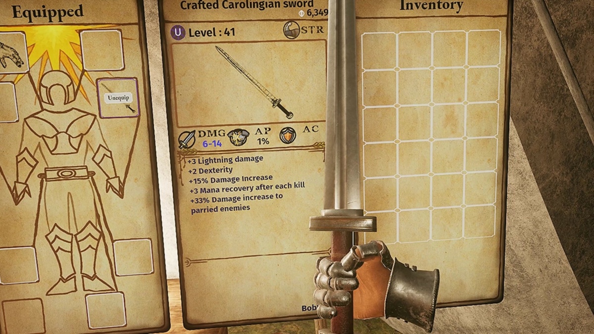 Un livre d'équipement et d'inventaire ouvert dans Legendary Tales