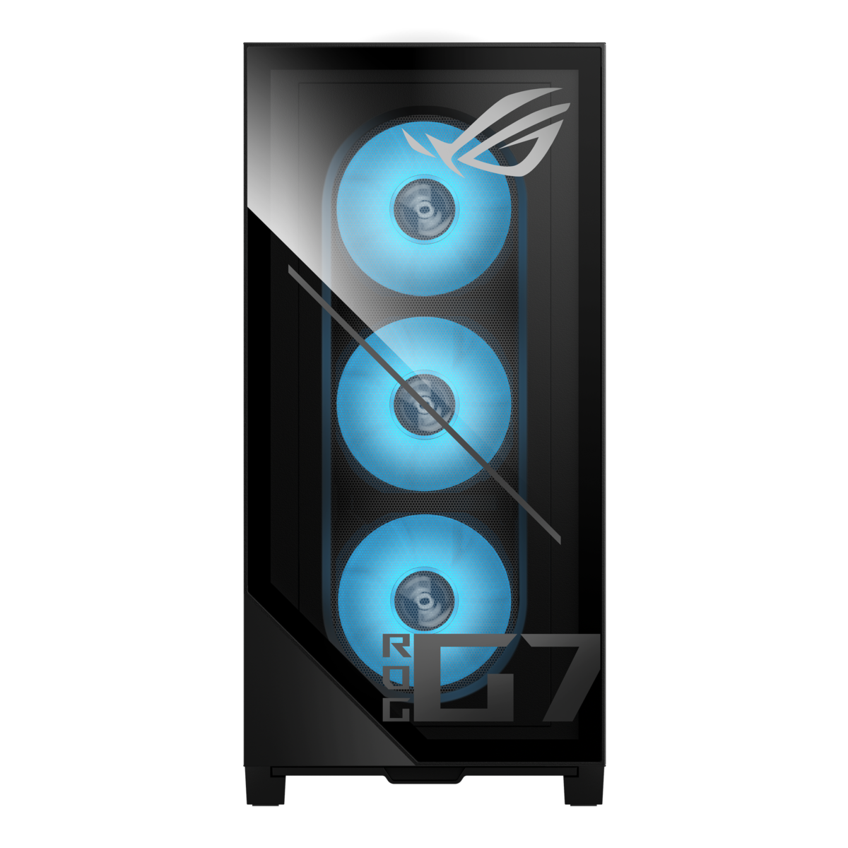 Vue de face du boîtier ASUS ROG G700 avec trois ventilateurs éclairés en bleu derrière le panneau avant de marque ROG.