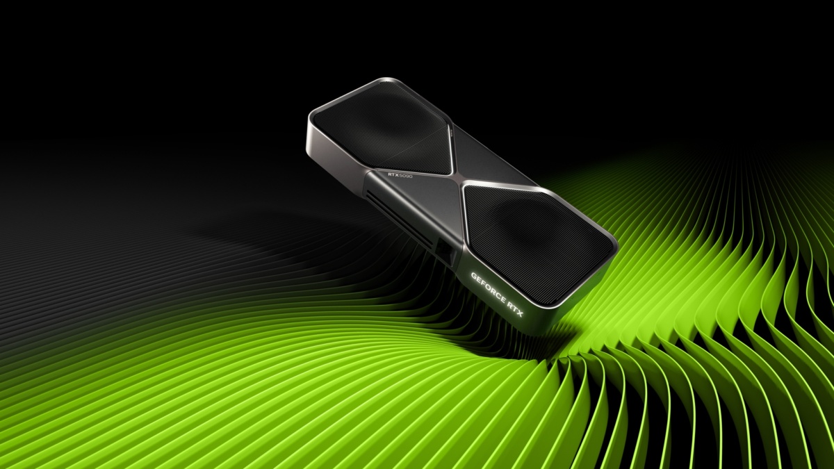 Nvidia GeForce RTX 5090 Founders Edition sur fond noir et vert.