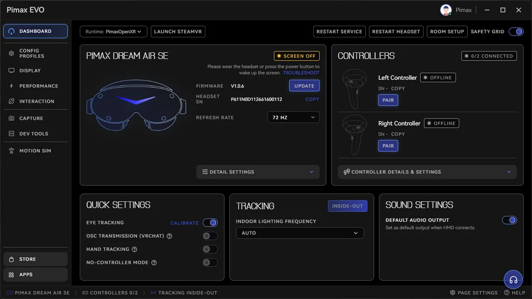 Tableau de bord Pimax EVO montrant une connexion Dream Air SE et des paramètres rapides