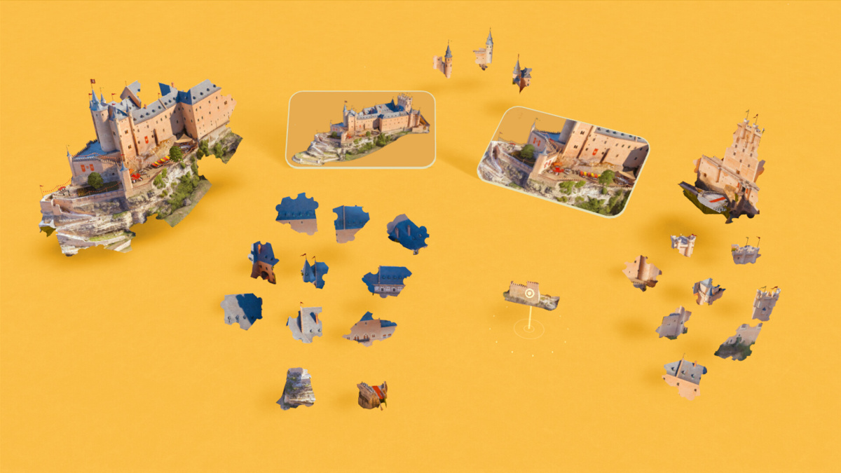 Puzzling Places dioramas et pièces de puzzle sur fond jaune