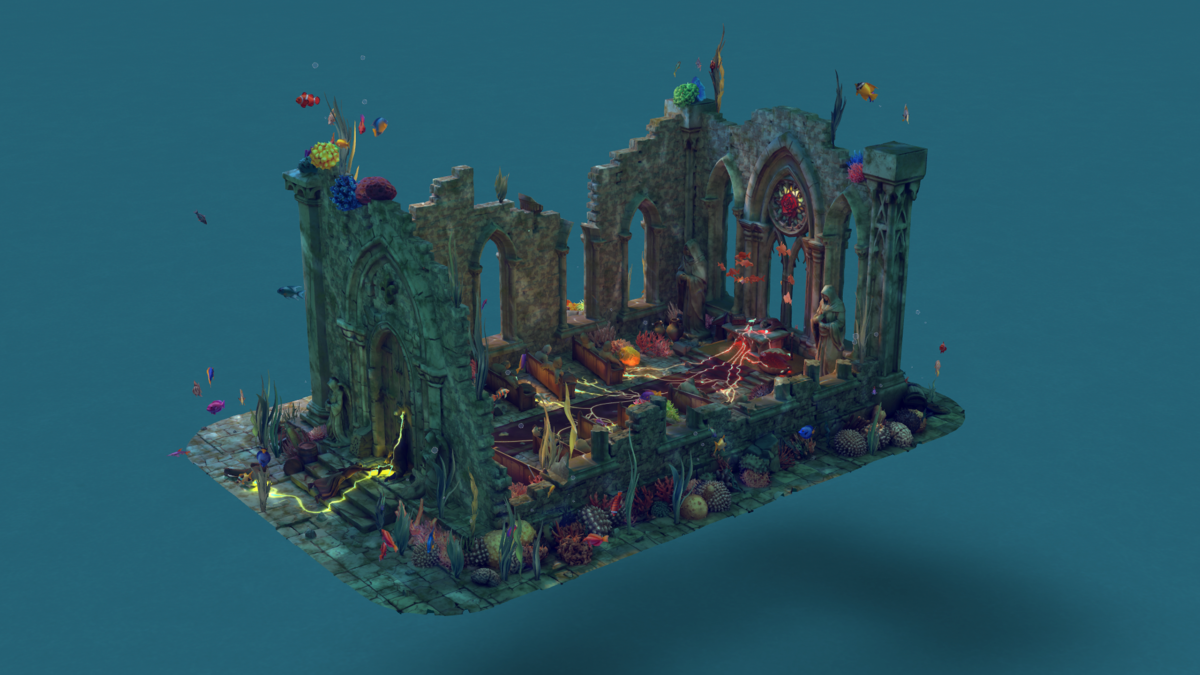 Une vue complète du diorama de la cathédrale Lost Relic